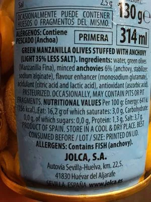 Lista de ingredientes del producto Aceitunas verdes manzanilla rellenas anchoa Jolca 300 gr