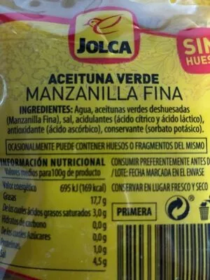 Lista de ingredientes del producto Aceituna Verde, Manzanilla fina Jolca 50 g