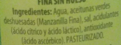 Lista de ingredientes del producto Aceitunas verdes manzanilla sin hueso Jolca 350 g (neto), 150 g (escurrido), 370 ml