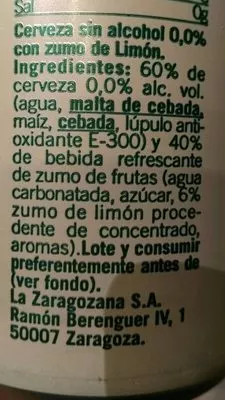 Lista de ingredientes del producto Lemon 0,0 Ambar 