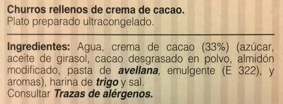 Lista de ingredientes del producto Churros rellenos de crema de cacao Fresno 270 g (6 Uds)