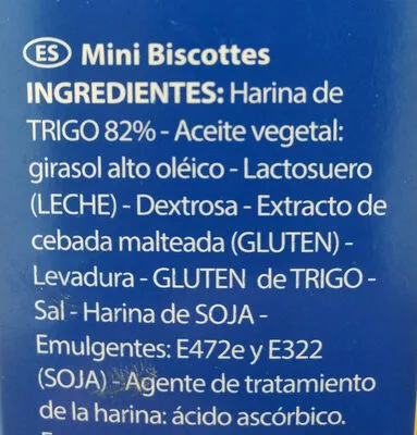 Lista de ingredientes del producto Mini biscotes Recondo 