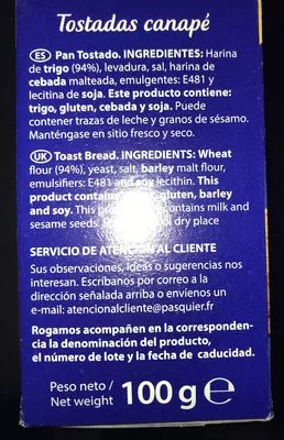 Lista de ingredientes del producto Tostadas para canapé cuadradas packs Recondo 100 g