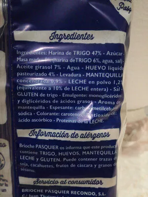 Lista de ingredientes del producto Pan de leche Pasquier 