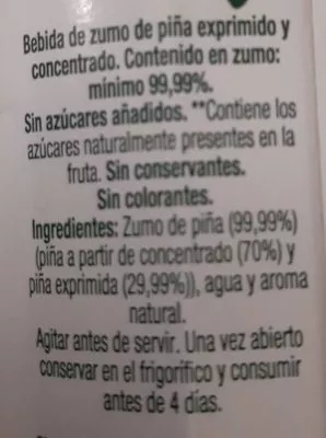 Lista de ingredientes del producto Juver 100% free piña Juver 1 l