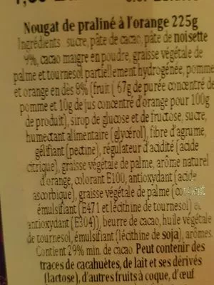 Lista de ingredientes del producto Turrón de praliné de chocolate y naranja Lacasa 