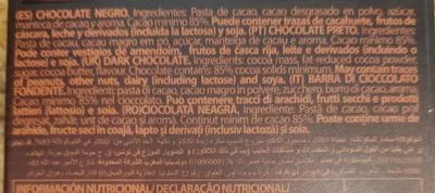 Lista de ingredientes del producto Chocolat noir 85% Lacasa 150 g