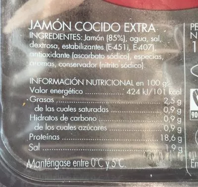 Lista de ingredientes del producto Jamón cocido extra Casa Tarradellas 125 g