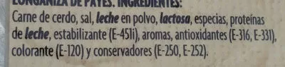 Lista de ingredientes del producto Longaniza de Payés Argal 80 g