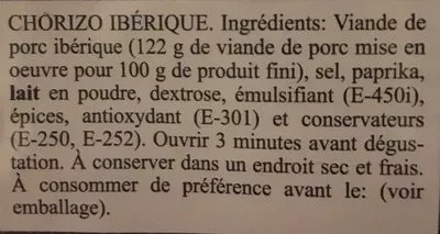 Lista de ingredientes del producto Chorizo Iberico Argal 