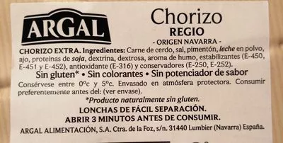 Lista de ingredientes del producto Chorizo regio origen navarra Argal 70 g