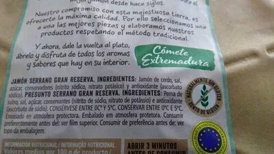 Lista de ingredientes del producto Jamon gran reserva Argal 80 g