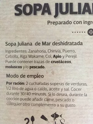 Lista de ingredientes del producto Sopa juliana de mar  