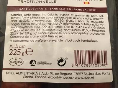 Lista de ingredientes del producto Chorizo espagnol fort Charcuteria NOEL 225 g