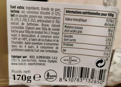 Lista de ingredientes del producto Fuet Extra  170 g