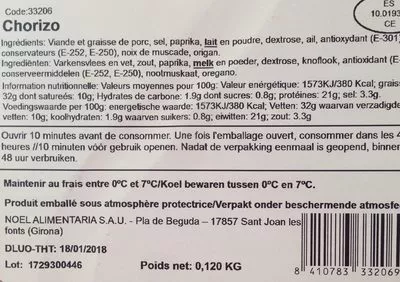 Lista de ingredientes del producto Chorizo extra Espagne 0,120 kg