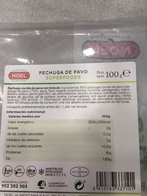 Lista de ingredientes del producto Pechuga de pavo con brócoli Noel 100 g