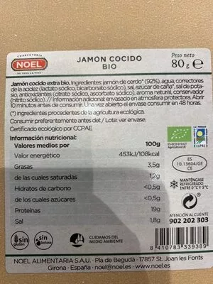 Lista de ingredientes del producto Jamón cocido bio Noel 