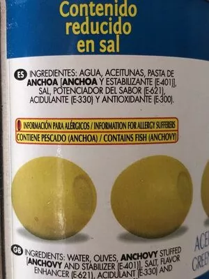 Lista de ingredientes del producto Aceitunas rellenas de anchoa El Faro 