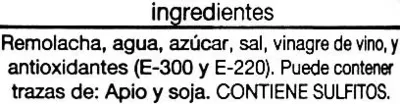 Lista de ingredientes del producto Remolacha roja en tiras Auchan 350 g (neto), 210 g (escurrido), 370 ml