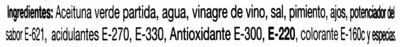 Lista de ingredientes del producto Aceituna verdial partida aliñada El Faro 350 g (neto), 200 (escurrido), 370 ml