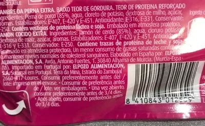 Lista de ingredientes del producto Bienstar jamón cocido extra bajo grasa lonchas Elpozo 