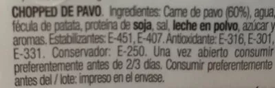 Lista de ingredientes del producto Chopped de Pavo ElPozo 250g