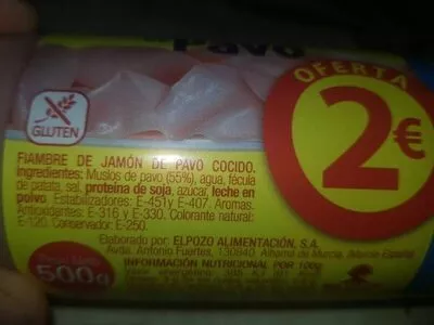 Lista de ingredientes del producto Jamón de Pavo - El Pozo Elpozo 500 g