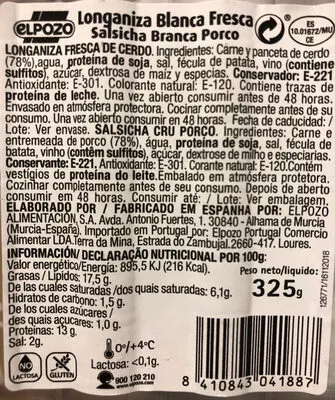 Lista de ingredientes del producto Longaniza blanca Elpozo 325g