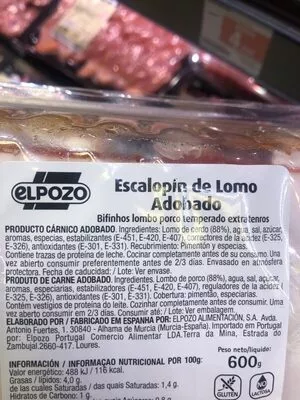 Lista de ingredientes del producto Extratiernos escalopín de lomo de cerdo adobado Elpozo 