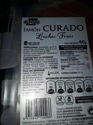 Lista de ingredientes del producto Jamón curado lonchas finas Elpozo 