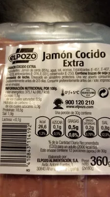 Lista de ingredientes del producto Jamón Cocido Extra EL POZO ElPozo 2 x 180 g