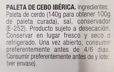 Lista de ingredientes del producto Paleta de cebo Ibérica El Pozo, Elpozo 1.18 kg