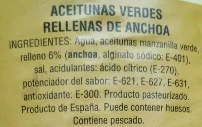 Lista de ingredientes del producto Aceitunas  4050 g