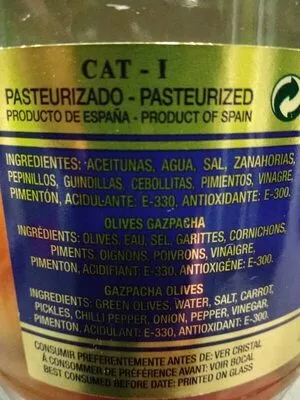 Lista de ingredientes del producto Aceitunas manzanilla aliñadas estilo gazpacha barril 600 g Maestranza 