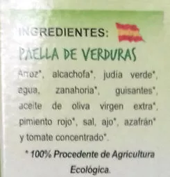 Lista de ingredientes del producto Paella de Verduras Bio Abricome 250 gr.