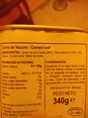 Lista de ingredientes del producto CARNE DE VACUNO JSP  340 g