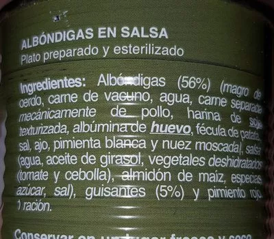 Lista de ingredientes del producto Albóndigas en salsa La Nora 420 g