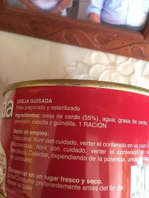 Lista de ingredientes del producto Oreja guisada la nora 