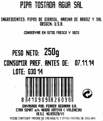 Lista de ingredientes del producto Semillas de girasol con cáscara tostadas aguasal Ferrer Segarra 250 g