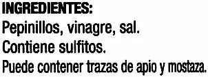 Lista de ingredientes del producto Pepinillos en vinagre frasco 180 g Rioverde 345 (neto), 180 (escurrido), 370 ml