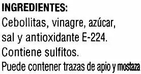 Lista de ingredientes del producto Cebolletas tradicionaless Rioverde 345 g (neto), 180 g (escurrido), 370 ml