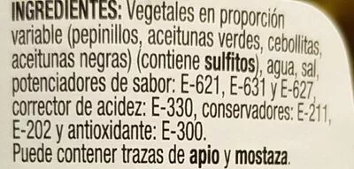 Lista de ingredientes del producto Pickles cocktail Rioverde 