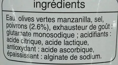 Lista de ingredientes del producto Olives vertes Manzanilla farcies aux poivrons Auchan 150 g