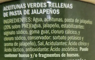 Lista de ingredientes del producto Aceitunas verdes rellenas de jalapeños Excelencia 130 g