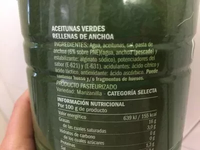 Lista de ingredientes del producto Aceitunas verdes manzanilla con anchoa Excelencia  