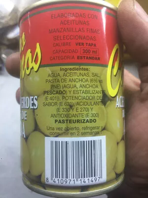 Lista de ingredientes del producto Aceitunas verdes rellenas de anchoa Cuatro Caminos 