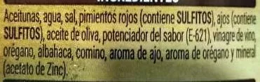 Lista de ingredientes del producto Aceitunas partidas aliñadas estilo chupadedos Huerta de Barros 