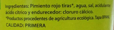 Lista de ingredientes del producto Pimiento rojo tiras ecológico emperatriz 325 g (neto), 210 g (escurrido)