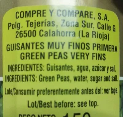 Lista de ingredientes del producto Guisantes Conservas Martínez 150 g (neto), 95 g (escurrido), 170 ml